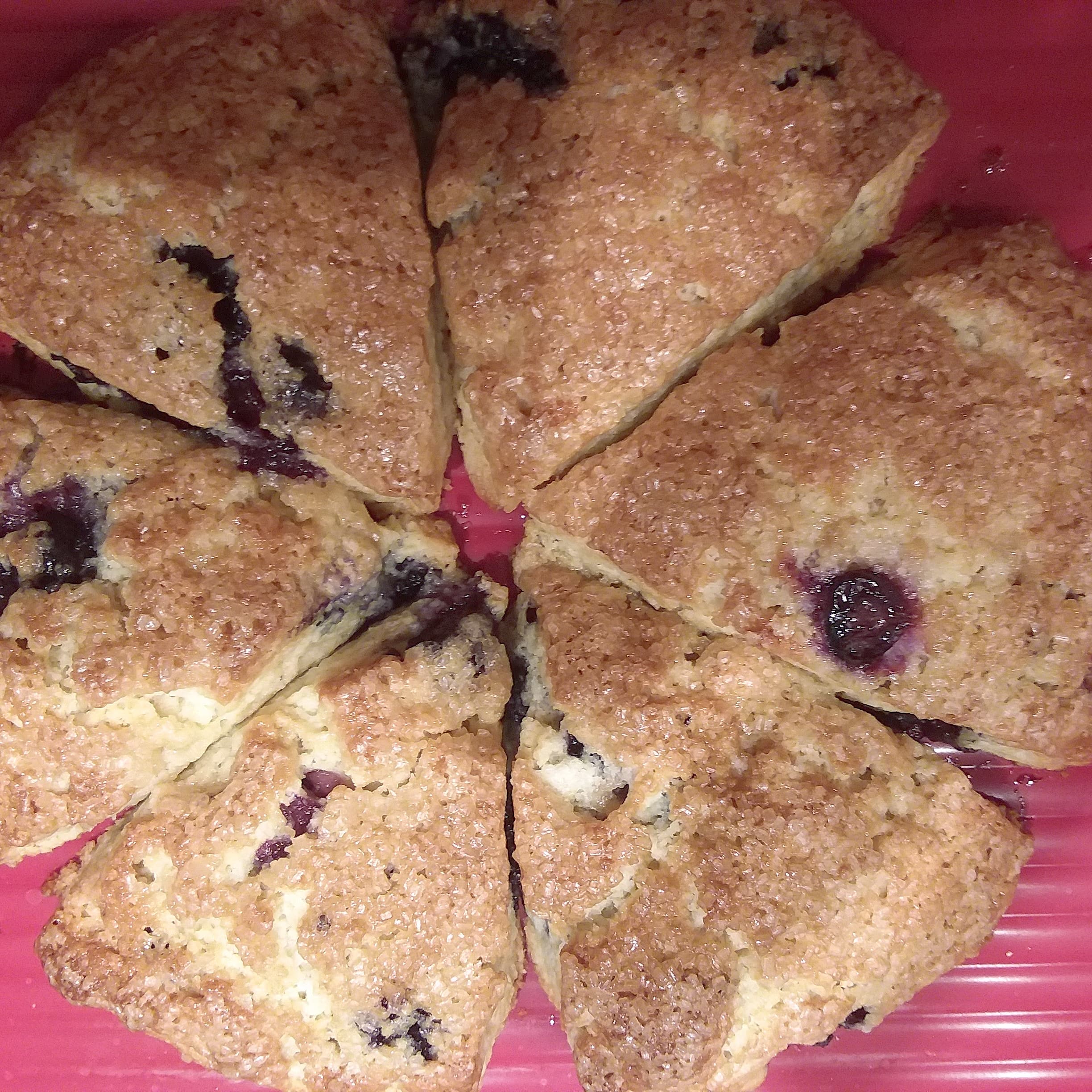 A close-up of freshly baked blueberry scones arranged in a circular pattern on a pink plate.