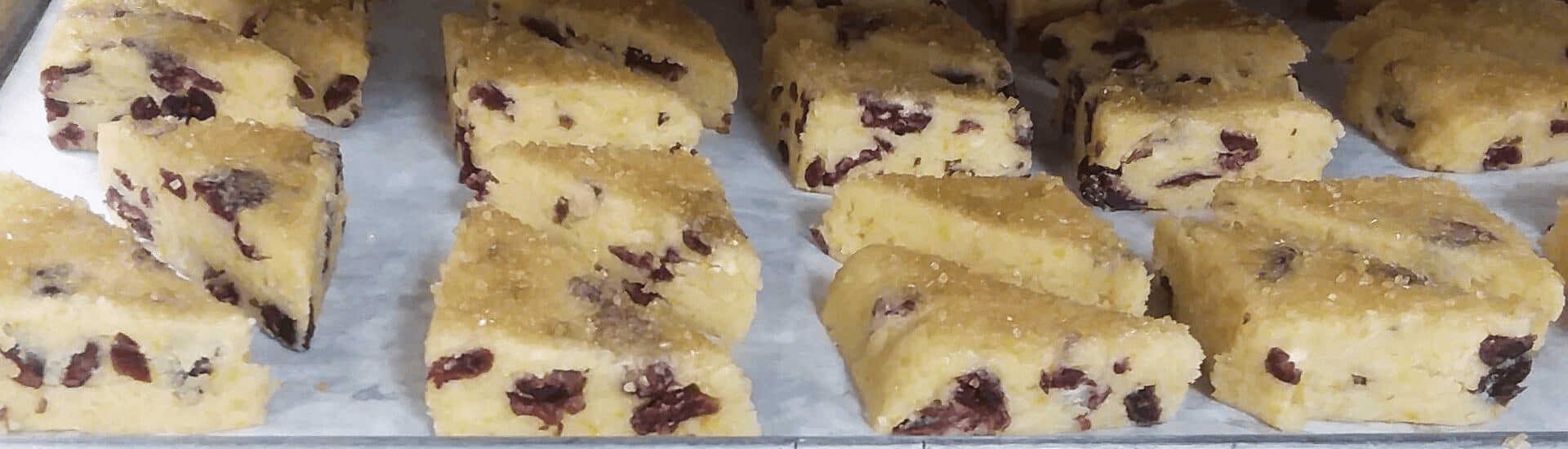Slices of yellow cake with dried cranberries and a sugar topping on parchment paper.